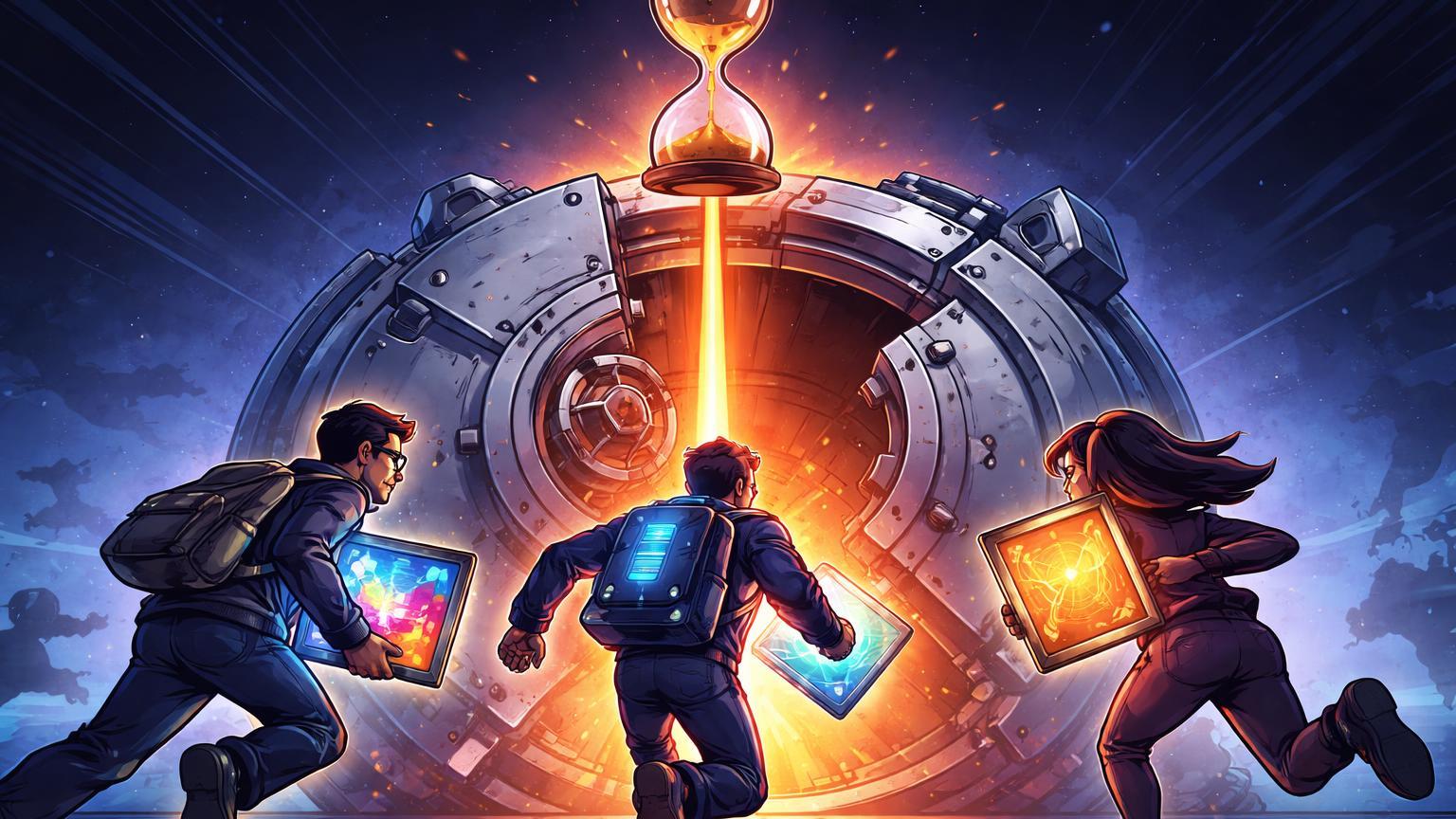 Figuras cartoon correndo com NFTs para fora de cofre digital com porta se fechando, alertando fechamento iminente da Nifty Gateway