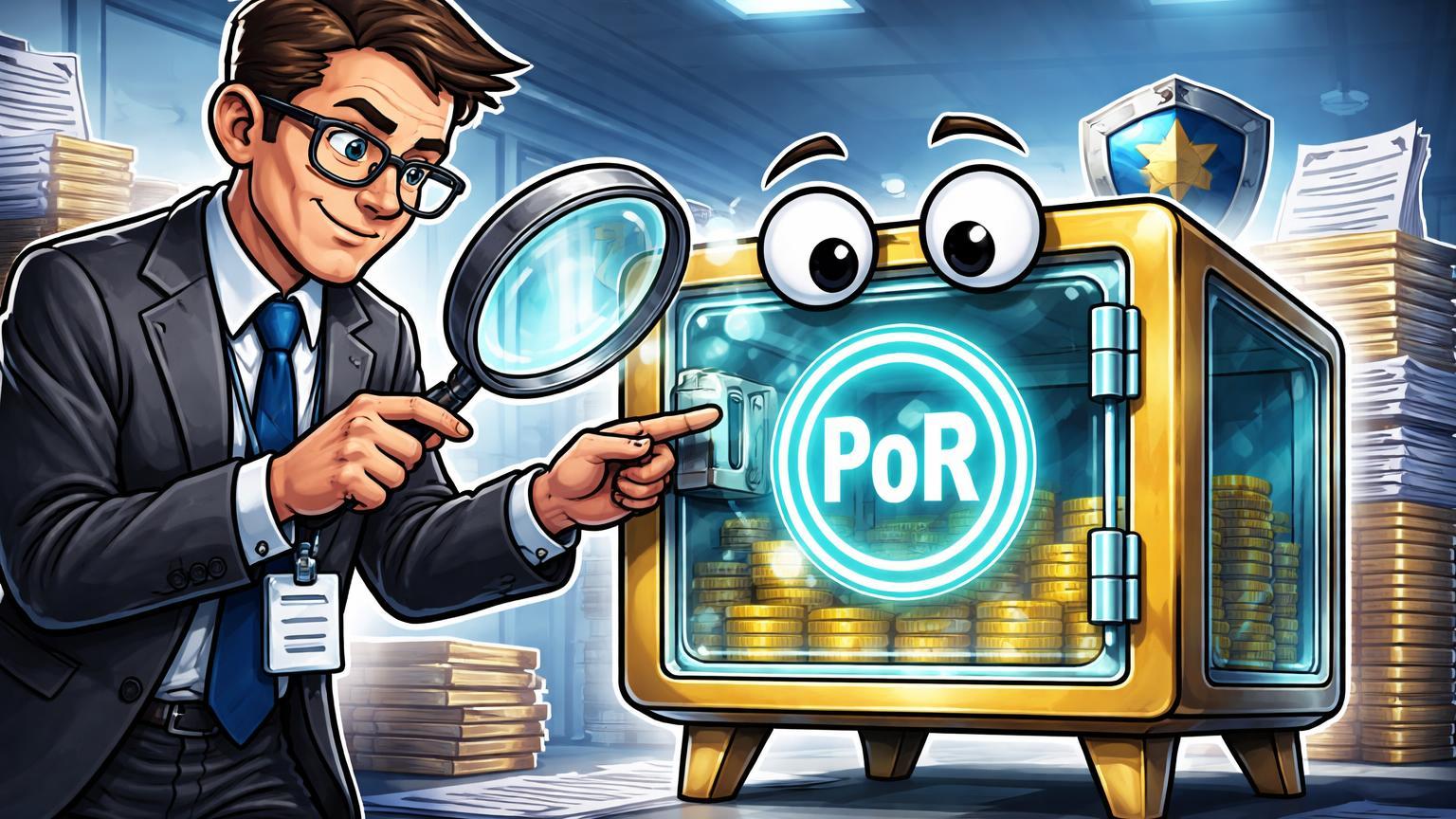 Auditor cartoon inspecionando cofre transparente de exchange com selo PoR luminoso, simbolizando novas regras de auditoria do Banco Central