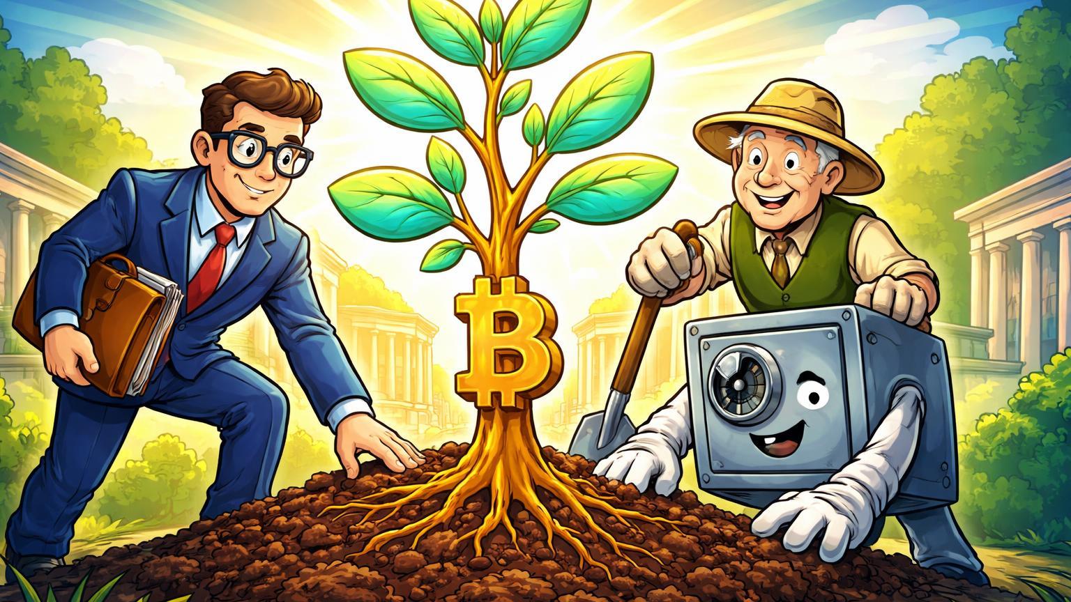 Personagens cartoon de fundo de pensão plantando árvore Bitcoin dourada com folhas verde-cyan, simbolizando adoção institucional colombiana