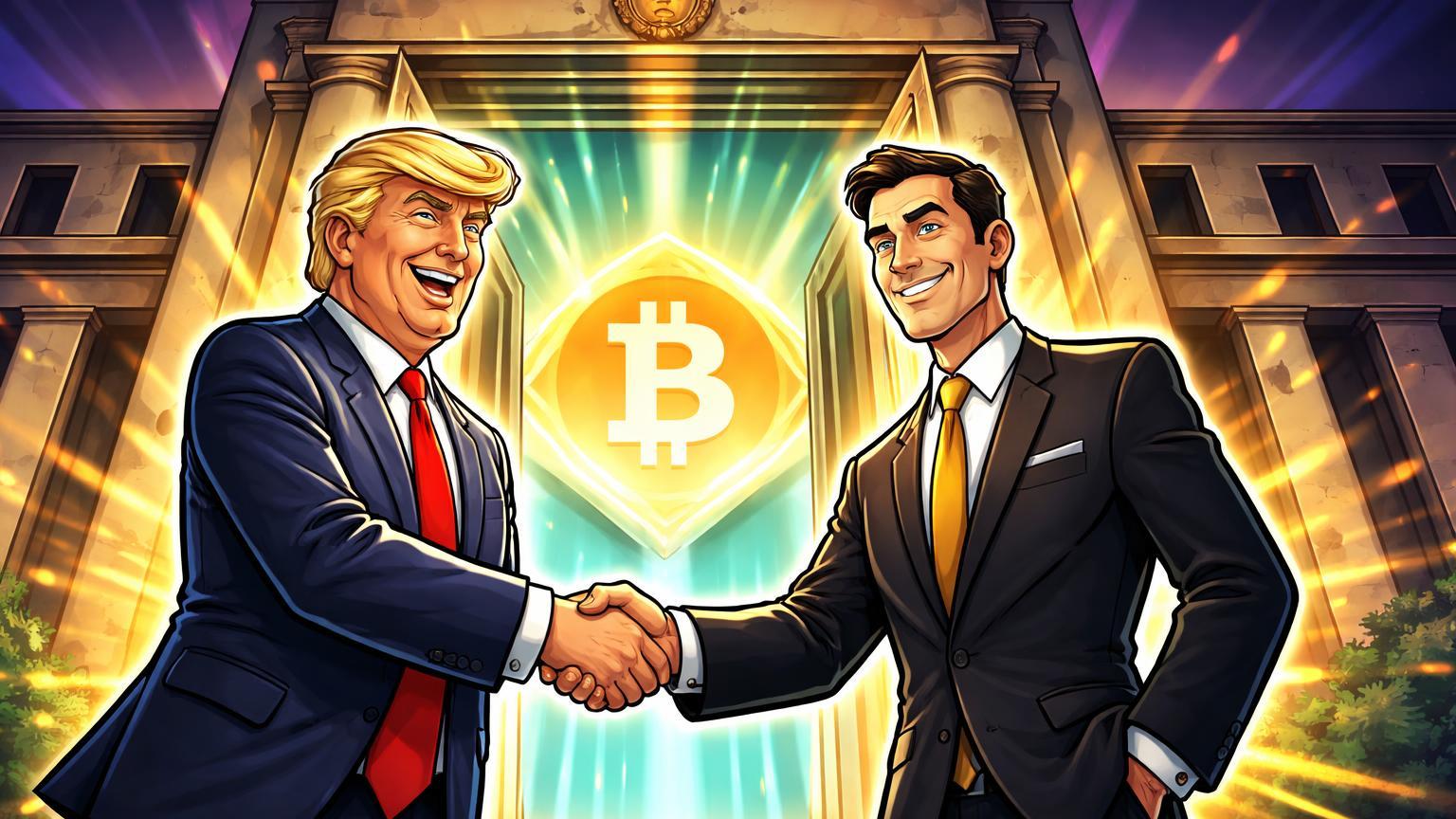 Personagens cartoon Trump-like e executivo BlackRock apertando mãos diante de porta Fed aberta com Bitcoin radiante, simbolizando favoritismo para presidencia do Fed e impulso cripto