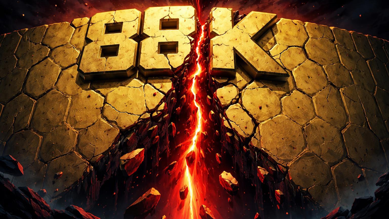 Muralha digital hexagonal dourada com 88K gravado rachando e fragmentos vermelhos caindo, simbolizando quebra de suporte do Bitcoin e liquidações massivas