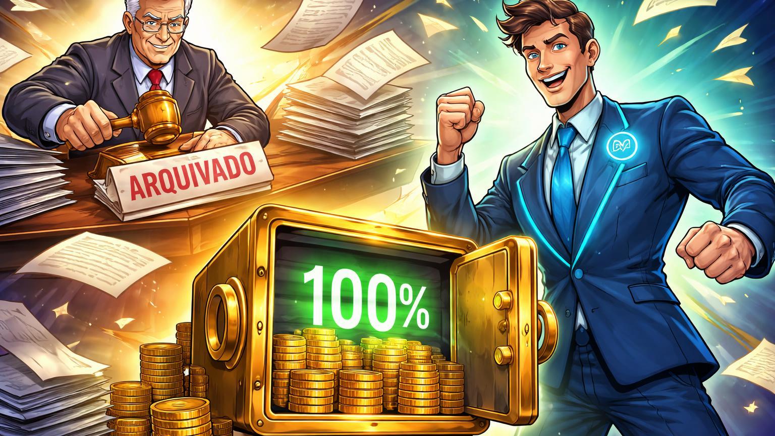 Juiz cartoon SEC batendo martelo em documentos arquivados enquanto entrega cofre com 100% glow a personagem Gemini, simbolizando vitória regulatória