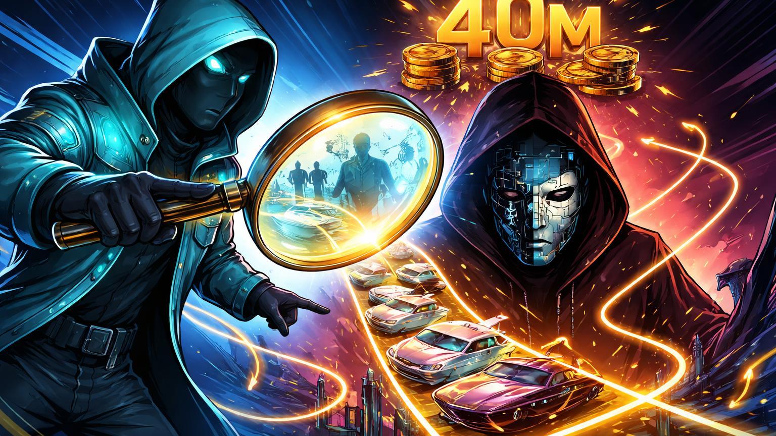 Investigador cartoon expondo hacker sombrio com lupa, revelando conexões navais e pilha de 40M, simbolizando roubo de cripto exposto