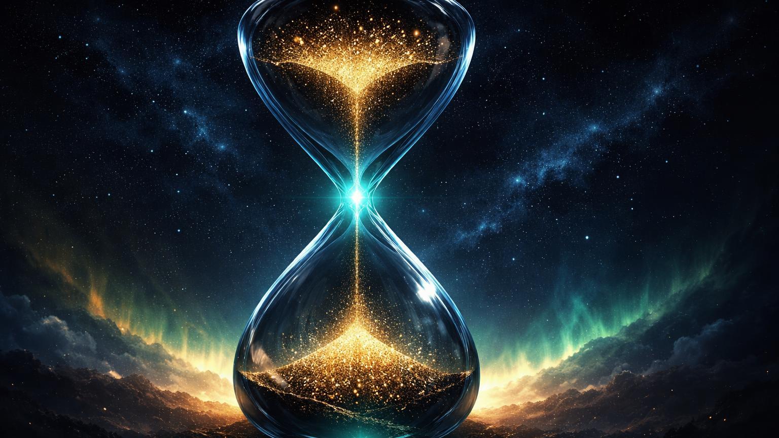 Ampulheta cristalina com fluxo reduzido de partículas douradas Bitcoin, simbolizando redução de oferta pós-halving de 2024