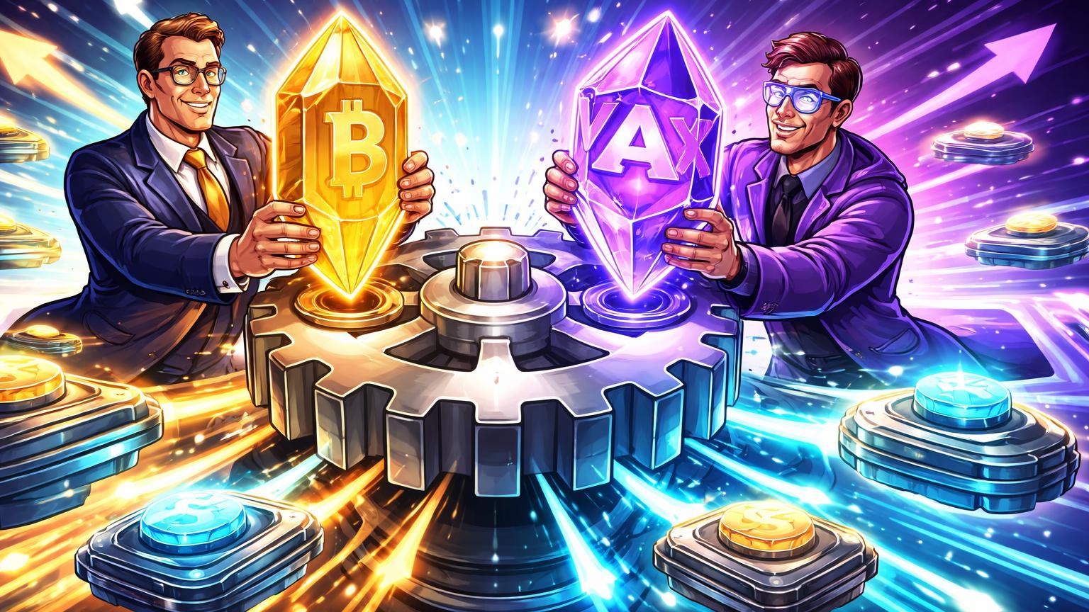 Executivos cartoon institucionais girando engrenagem conectada a cristais BTC e AVAX, simbolizando lancamento de ETFs e aceleracao no mercado cripto