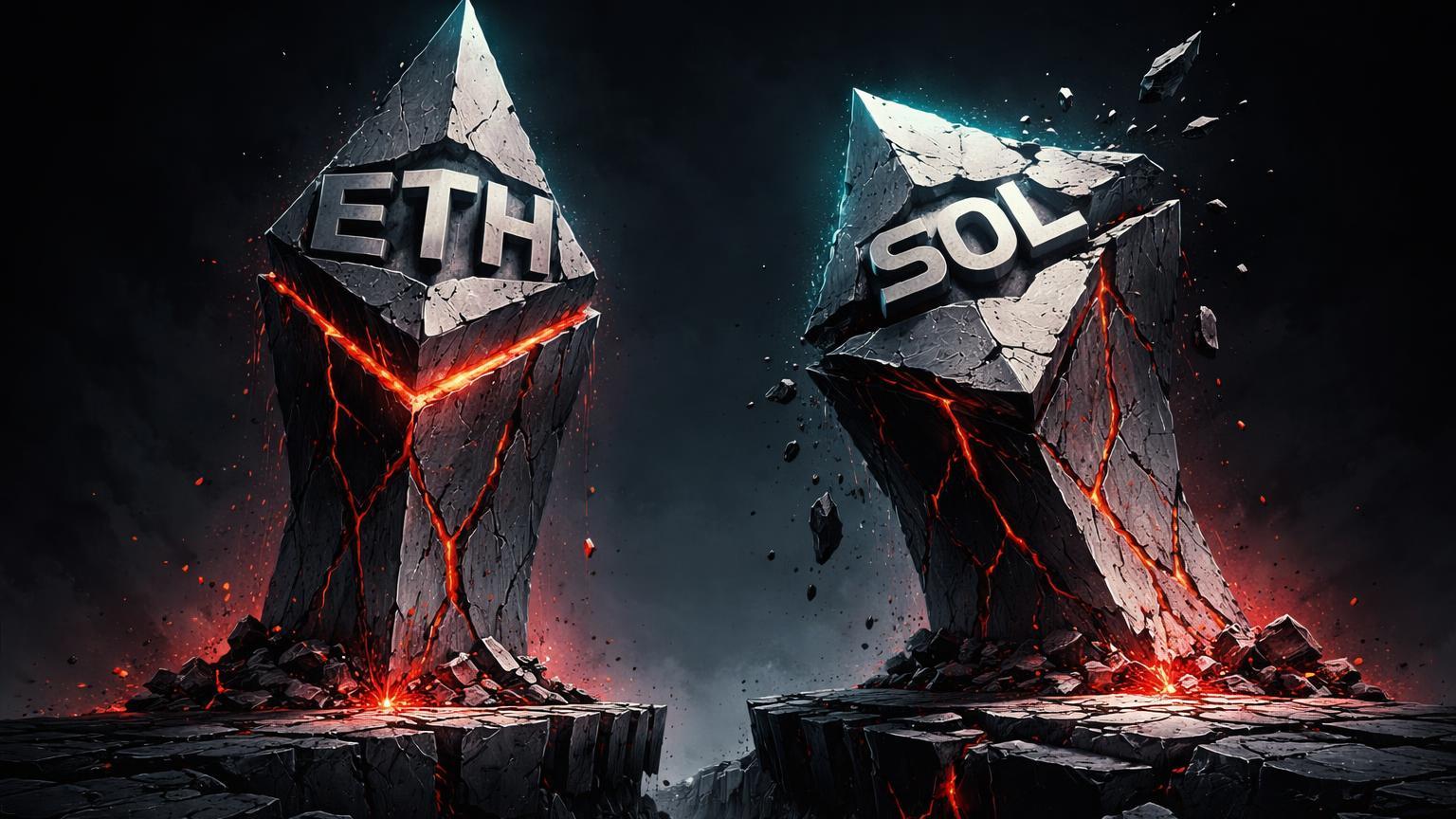Torres geométricas brutas ETH e SOL rachando em bases vermelhas, representando risco de queda de 20% e suportes críticos em análise técnica