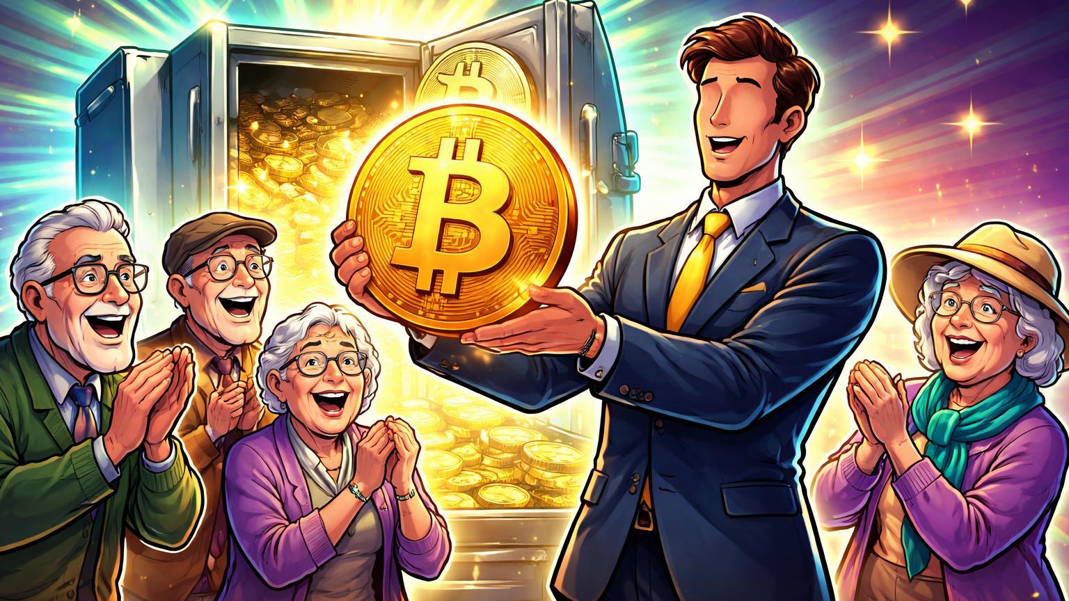 Gestor de fundo cartoon apresentando Bitcoin dourado a aposentados entusiasmados diante de cofre aberto, simbolizando adoção institucional na Colômbia