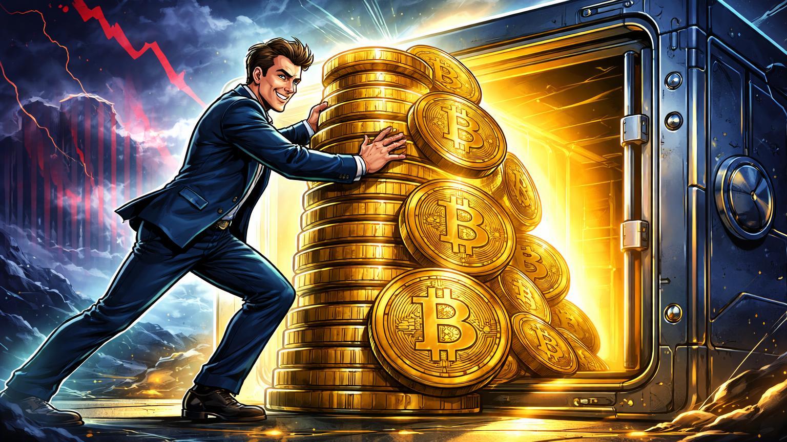 Executivo cartoon confiante empilhando moedas BTC em cofre luminoso durante tempestade de mercado, sinalizando compra ousada da MicroStrategy