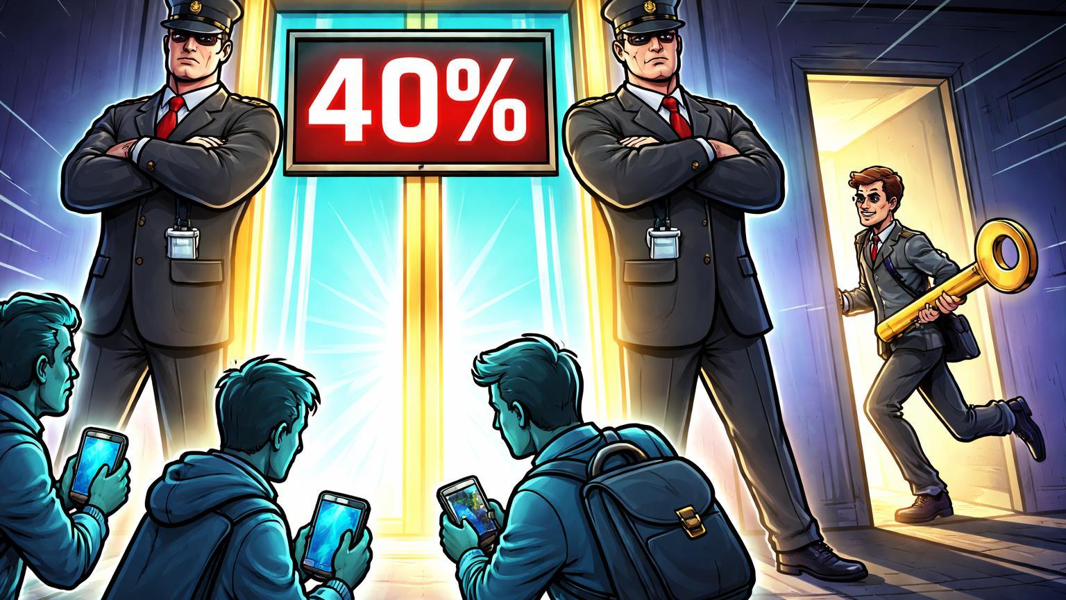 Porteiros bancários cartoon bloqueando usuários cripto em portal com sinal 40%, enquanto um escapa com chave de custódia, ilustrando debanking no Reino Unido