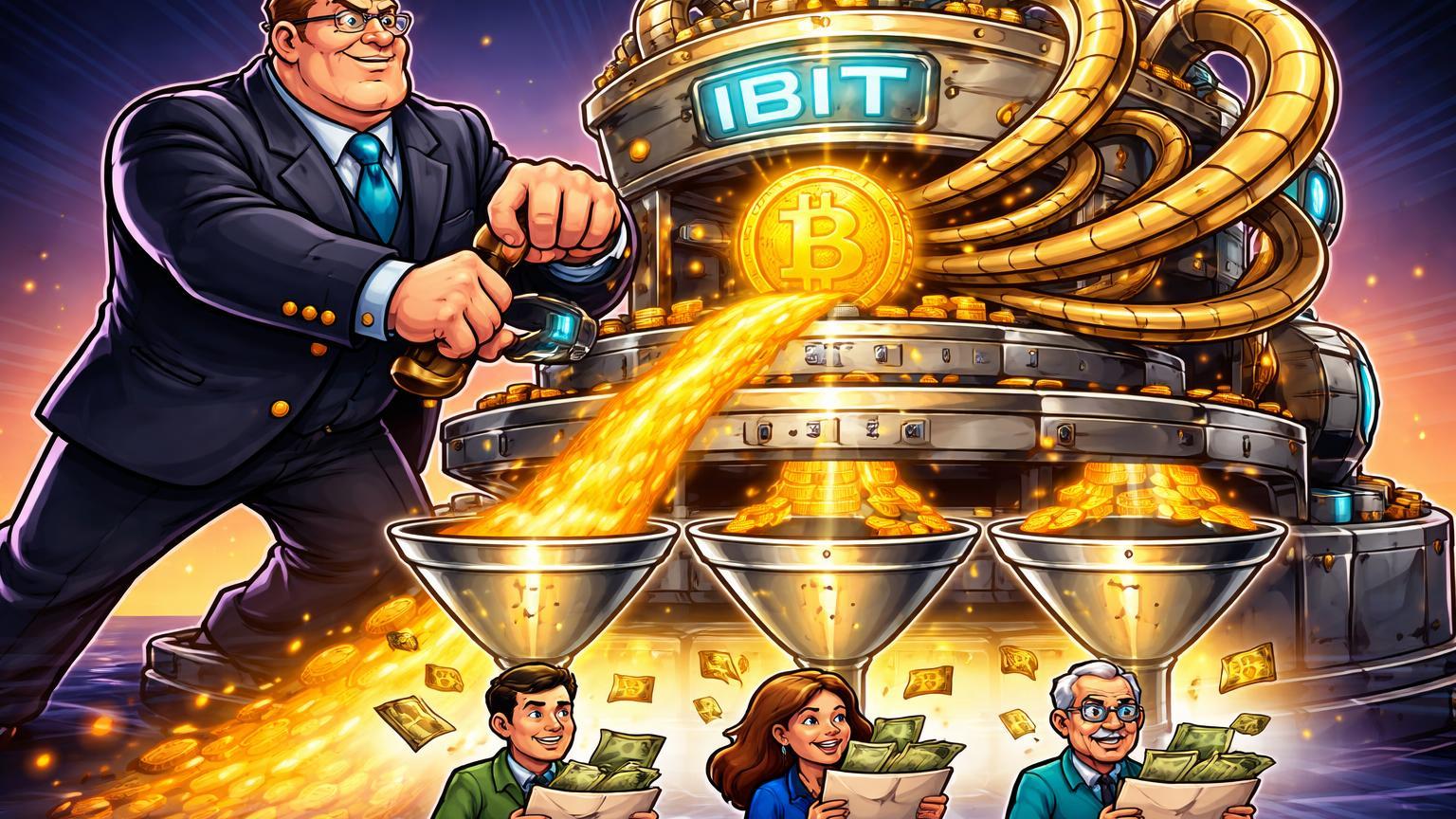 Banqueiro cartoon girando manivela em máquina ETF Bitcoin produzindo fluxo de renda mensal para investidores, simbolizando estratégia covered calls da BlackRock
