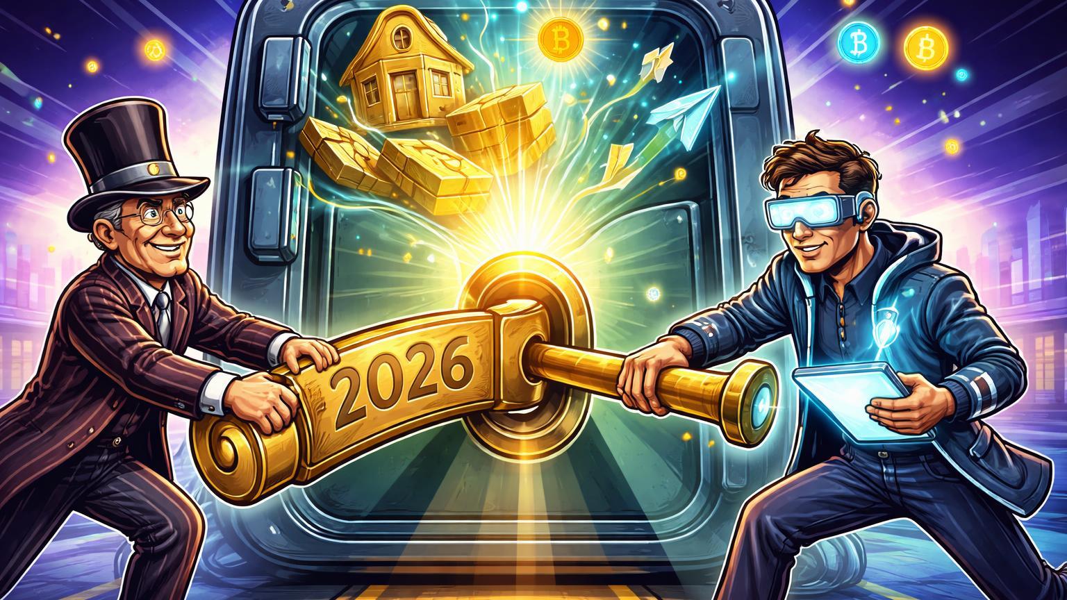 Personagens cartoon banqueiro e tech girando chave legislativa que libera tokens de ativos reais, simbolizando CLARITY Act e tokenização em 2026