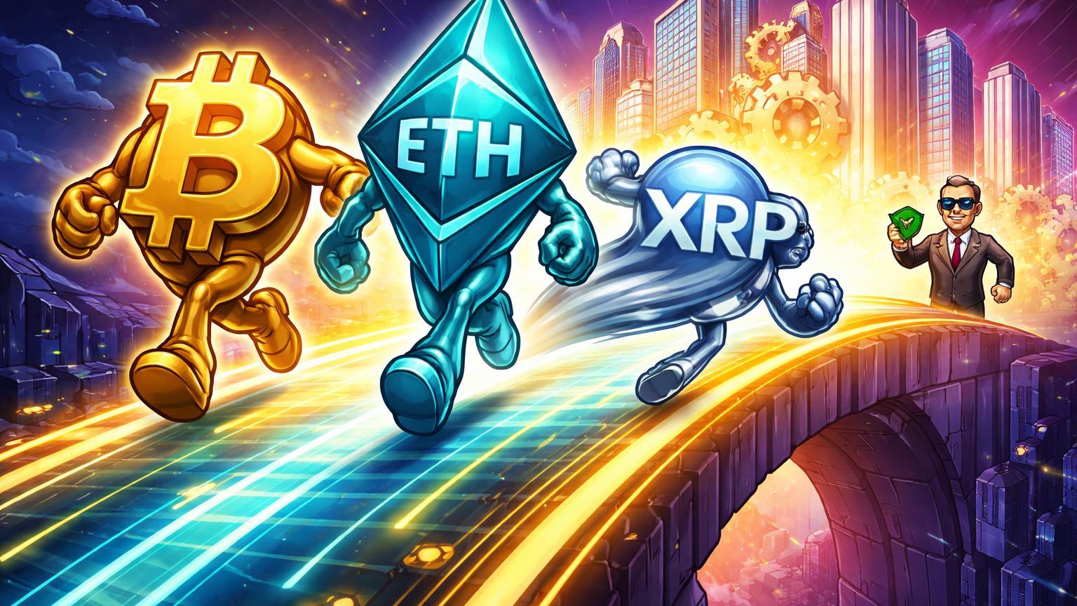 Personagens cartoon de BTC, ETH e XRP marchando unidos por ponte luminosa rumo ao mundo institucional sob aprovação da SEC