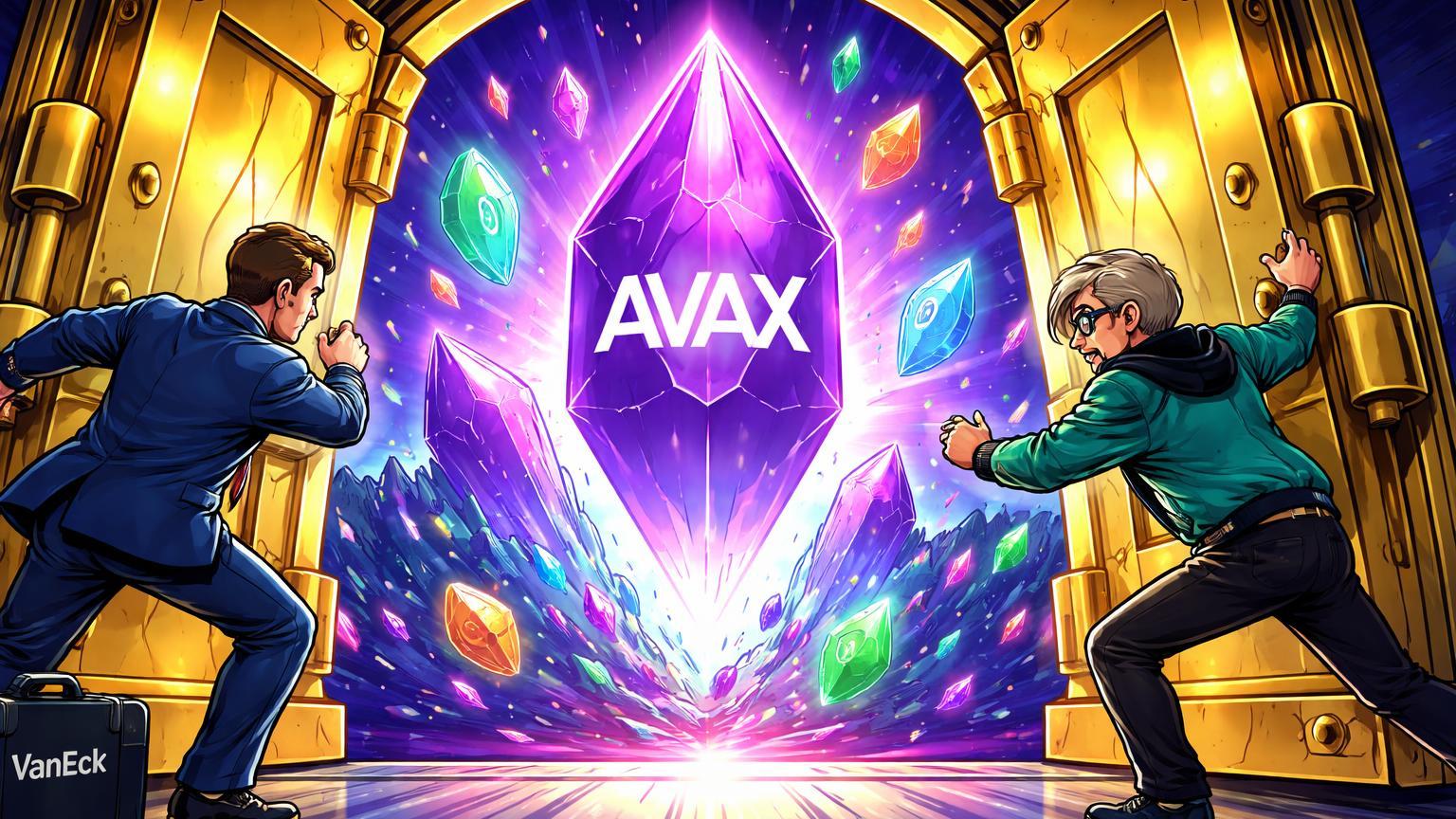 Executivos cartoon abrindo cofre dourado para ecossistema AVAX e altcoins, simbolizando ETF da VanEck e aposta da ARK em diversificação cripto