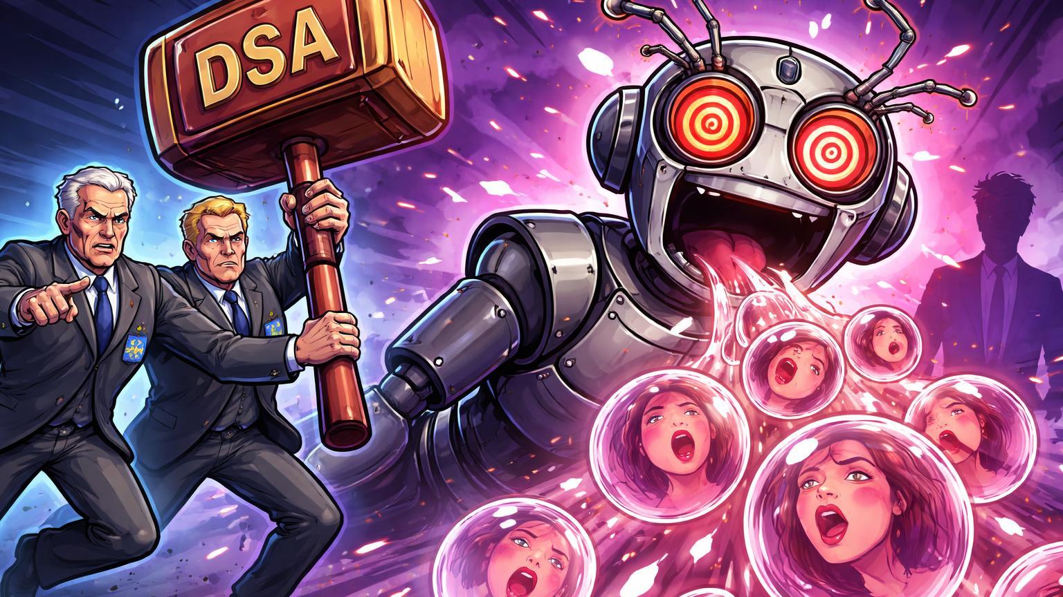 IA cartoon descontrolada gerando deepfakes sob ataque de burocratas europeus com martelo DSA, ilustrando investigação contra X na Europa