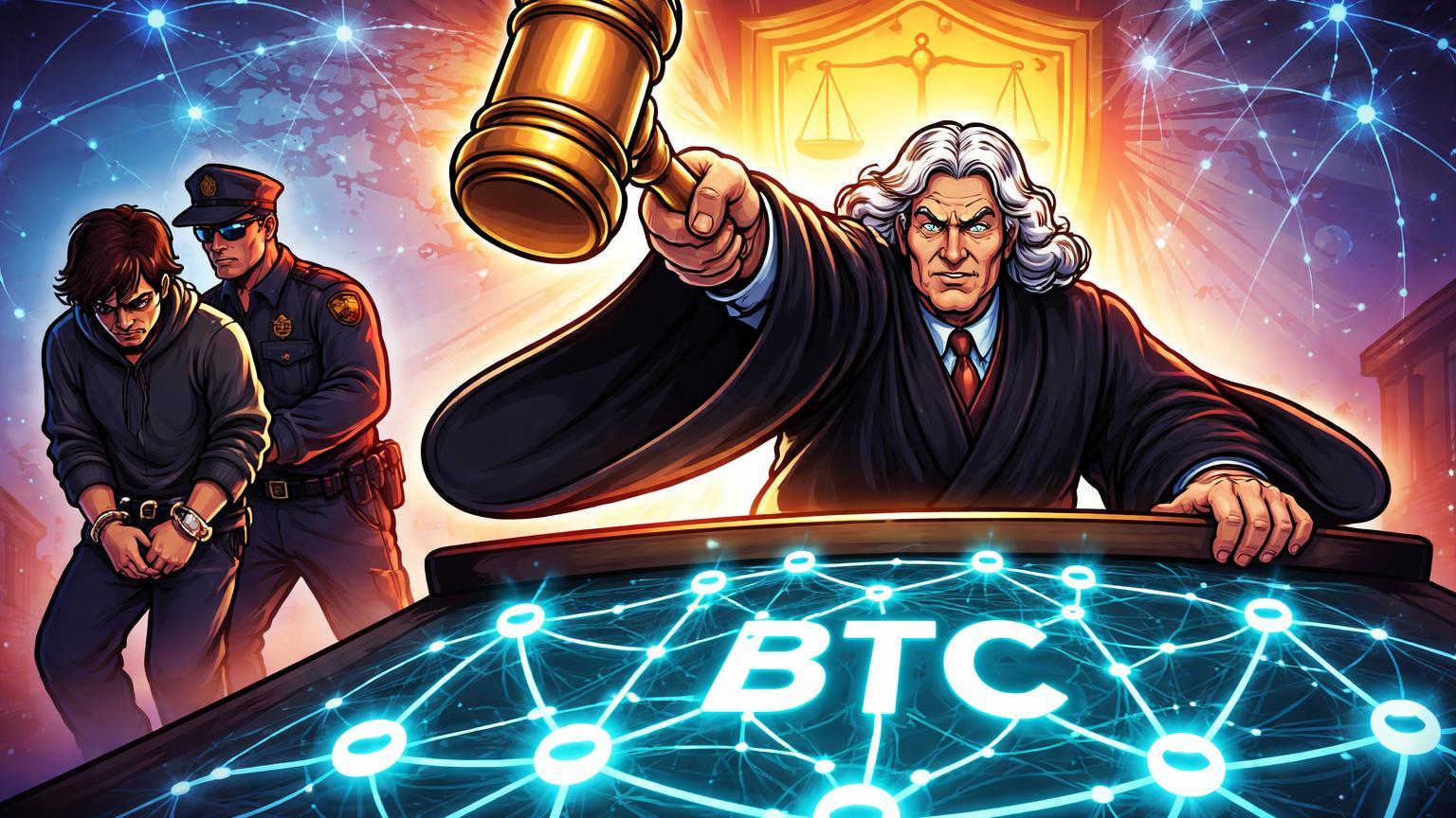 Juiz cartoon batendo martelo sobre rede blockchain revelando BTC, com traficante algemado, simbolizando justiça desmantelando lavagem via cripto