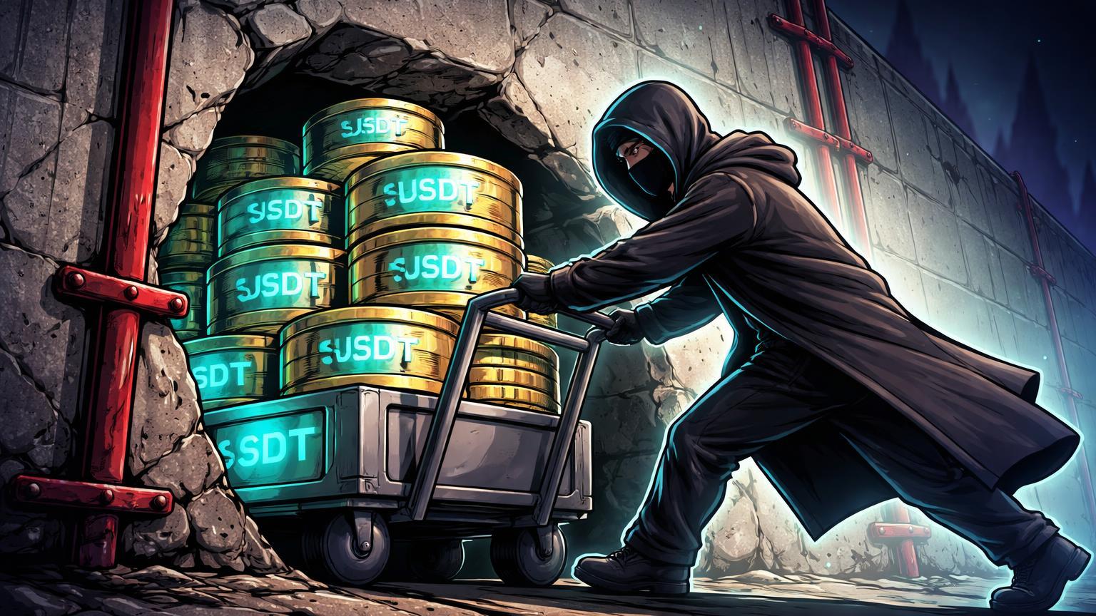 Personagem cartoon empurrando carrinho de USDT por túnel sob muro de sanções, ilustrando acumulação iraniana e riscos geopolíticos para Tether