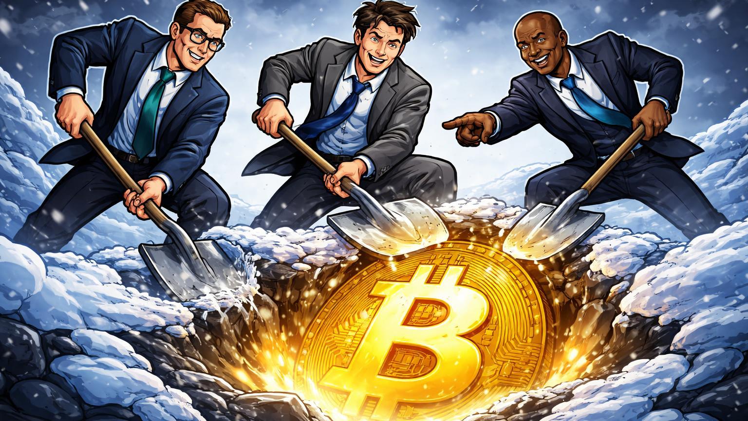 Executivos cartoon escavando tesouro Bitcoin sob gelo rachado do bear market, simbolizando visão institucional otimista apesar da queda