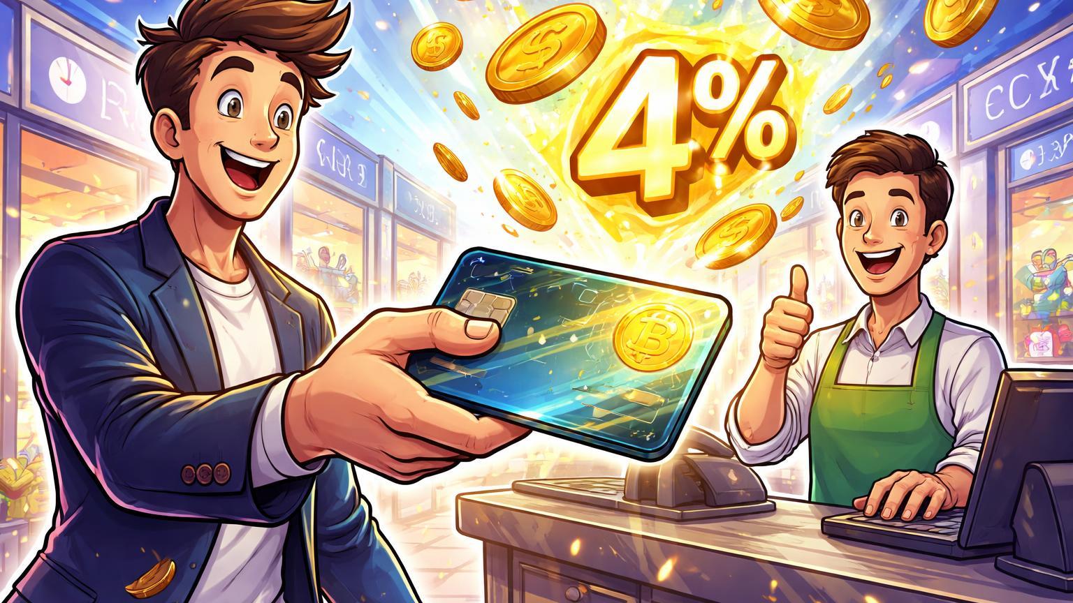 Personagem cartoon pagando com cartão cripto em loja, recebendo cashback dourado com '4%' destacado, ilustrando benefícios do cartão MEXC x Ether.fi Visa