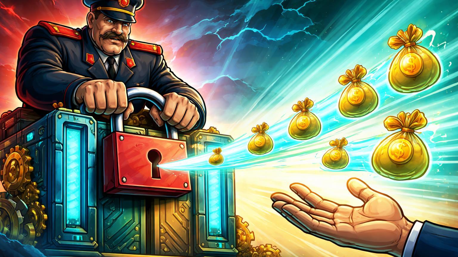 Figura cartoon russa trancando exchange com cadeado vermelho, enquanto doações cripto escapam para mão simbólica, ilustrando sanções contra WhiteBIT