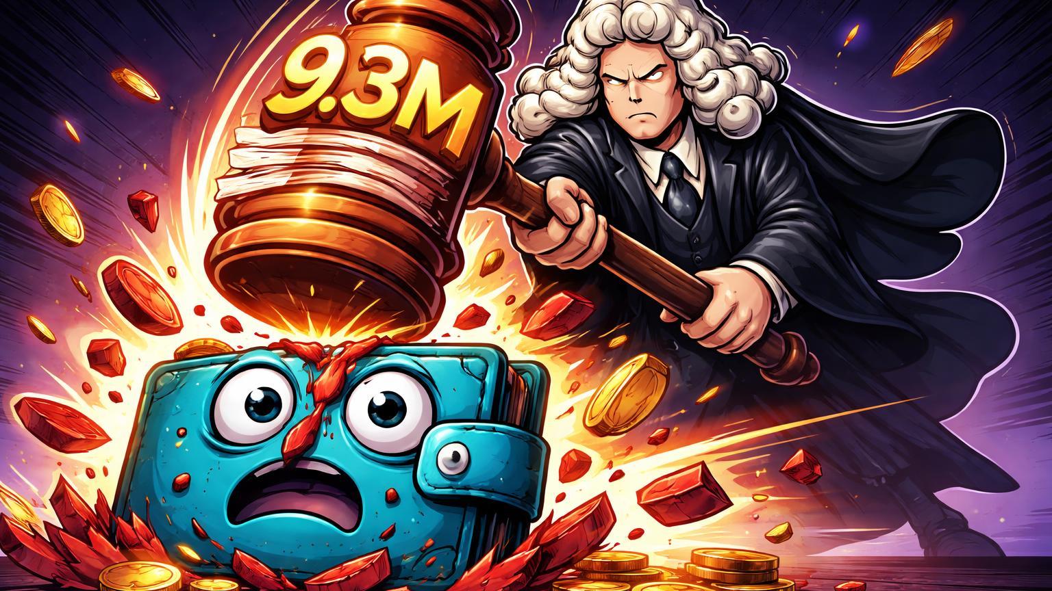 Juiz cartoon regulador multando carteira digital culpada com '9.3M' em multas, ilustrando punição à Qoin Wallet por fraude na Austrália