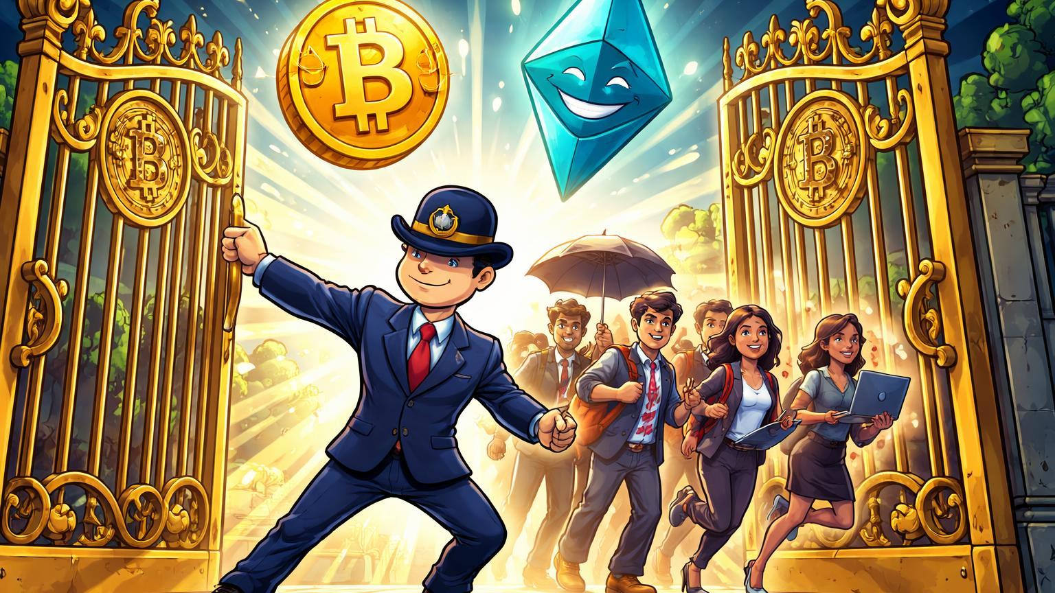 Regulador cartoon FCA abrindo portões para investidores varejo com símbolos BTC e ETH, celebrando liberação de ETPs no Reino Unido