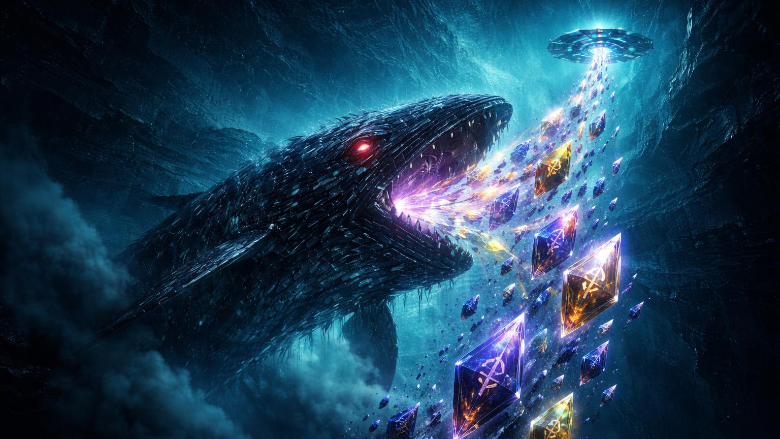 Baleia surreal colossal emergindo de abismo digital expelindo cristais ETH para plataforma de exchange, simbolizando baleia despertando após 9 anos