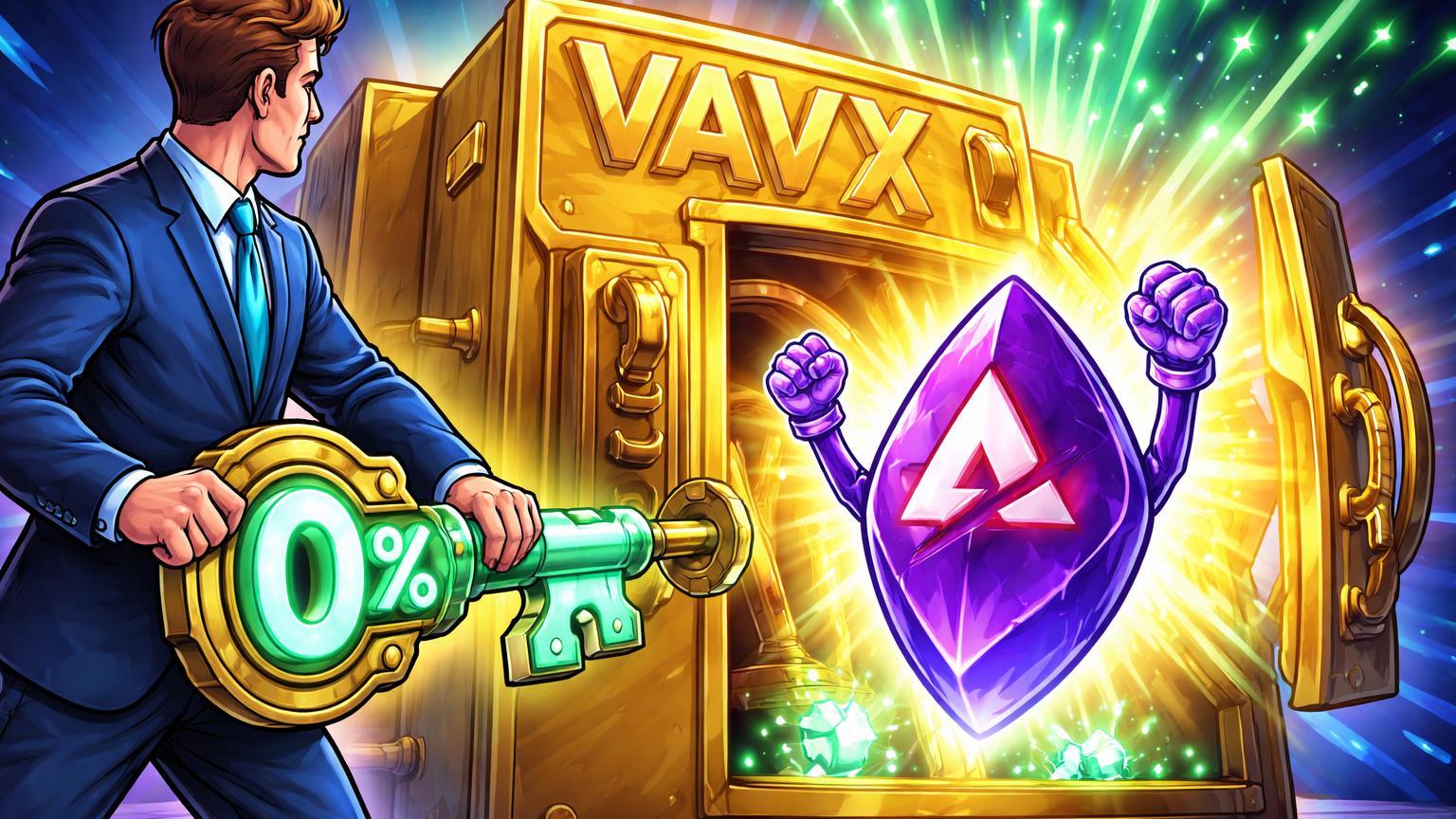 Executivo cartoon VanEck abrindo cofre VAVX com chave taxa zero e personagem AVAX emergindo, celebrando lançamento de ETF com staking