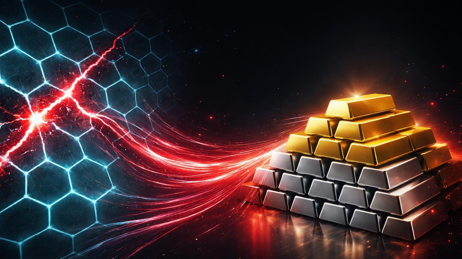 Correntes vermelhas fluindo de rede digital cyan rachada para lingotes de ouro e prata, simbolizando rotação de capital institucional para metais preciosos