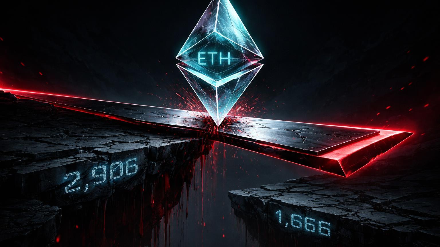 Prisma Ethereum no fio da navalha sobre precipício com suportes 2.906 e 1.666, alertando risco de queda 40% no ETH