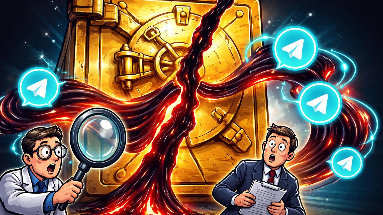 Cofre cartoon da reserva rachado com fluxos vermelhos conectando a bolhas Telegram, analistas e reguladores chocados, revelando lavagem bilionária e roubo cripto