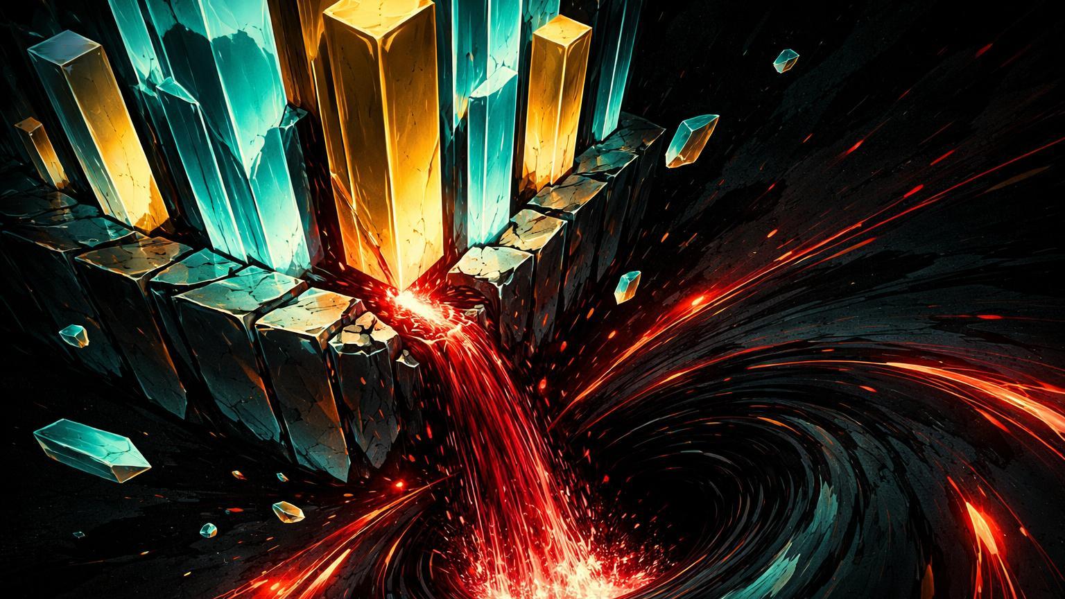 Pilares geométricos de stablecoins translúcidos vazando fluxo vermelho para vórtice negro, representando sangria de US$ 7 bilhões em liquidez cripto