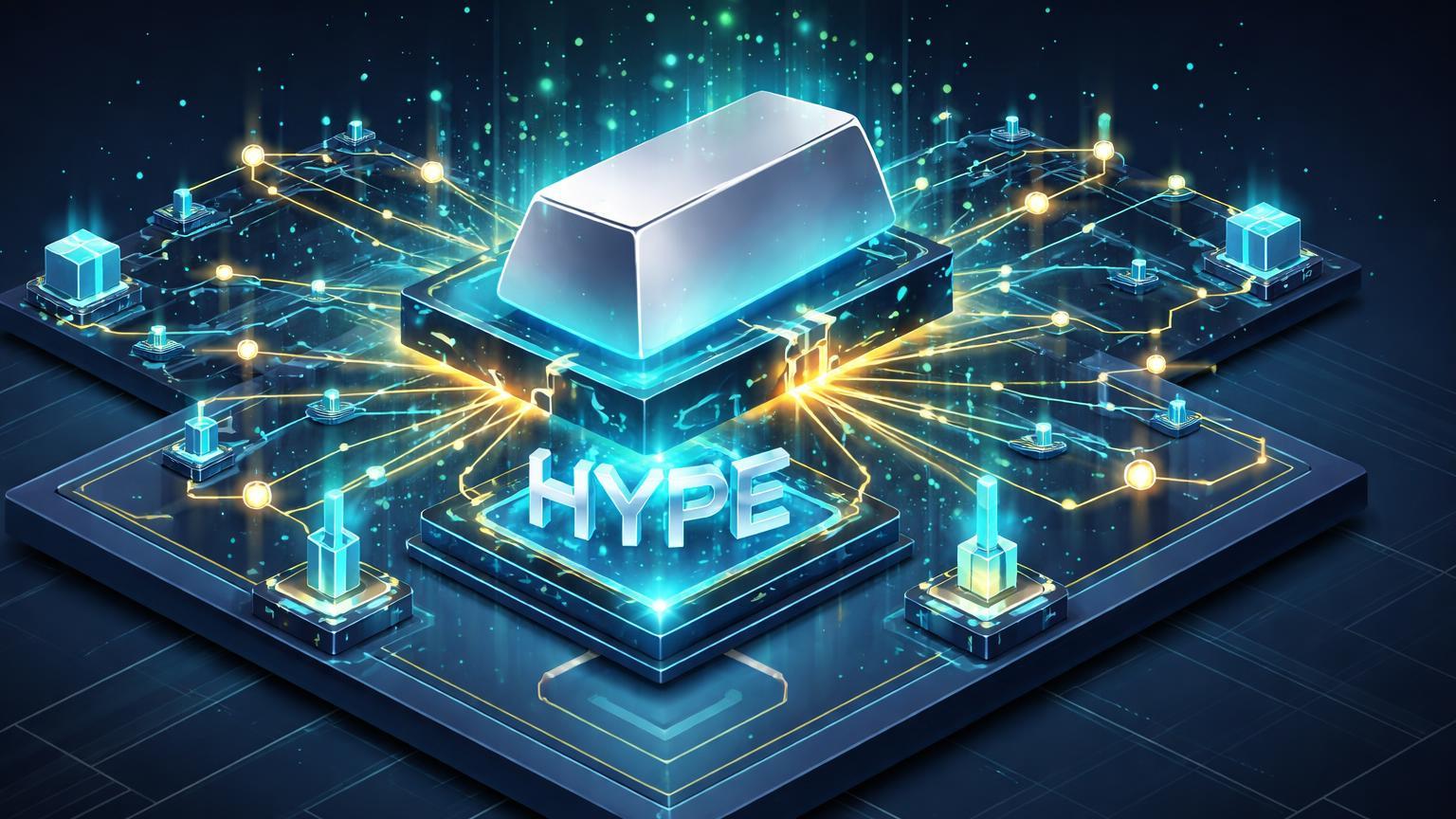 Lingote de prata em rede DeFi isométrica com tubos cyan e 'HYPE' central, simbolizando volume superando Solana e XRP