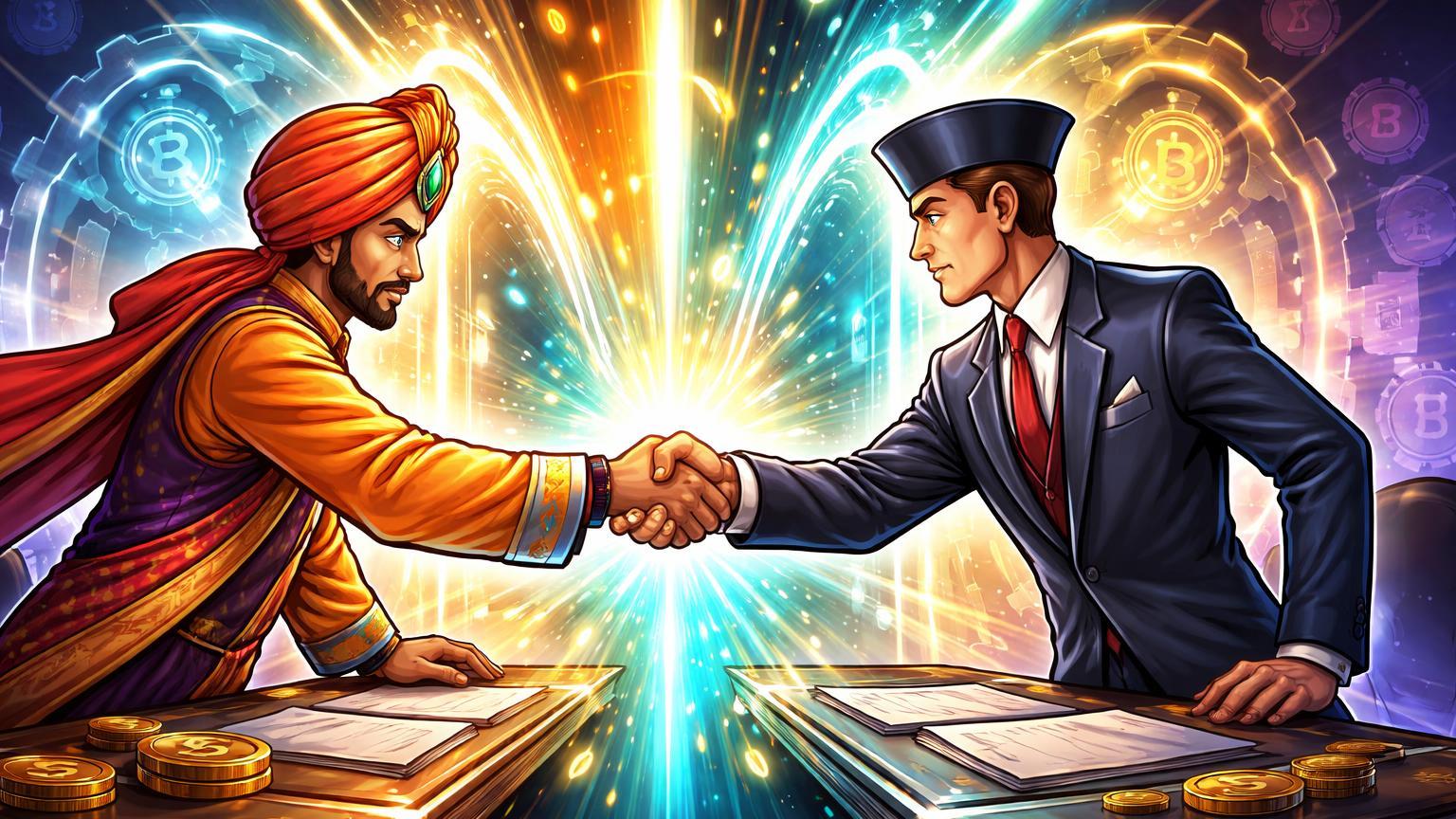 Diplomatas cartoon da Índia e UE apertando mãos liberando energia cyan-dourada, simbolizando acordo acelerando regulação cripto global