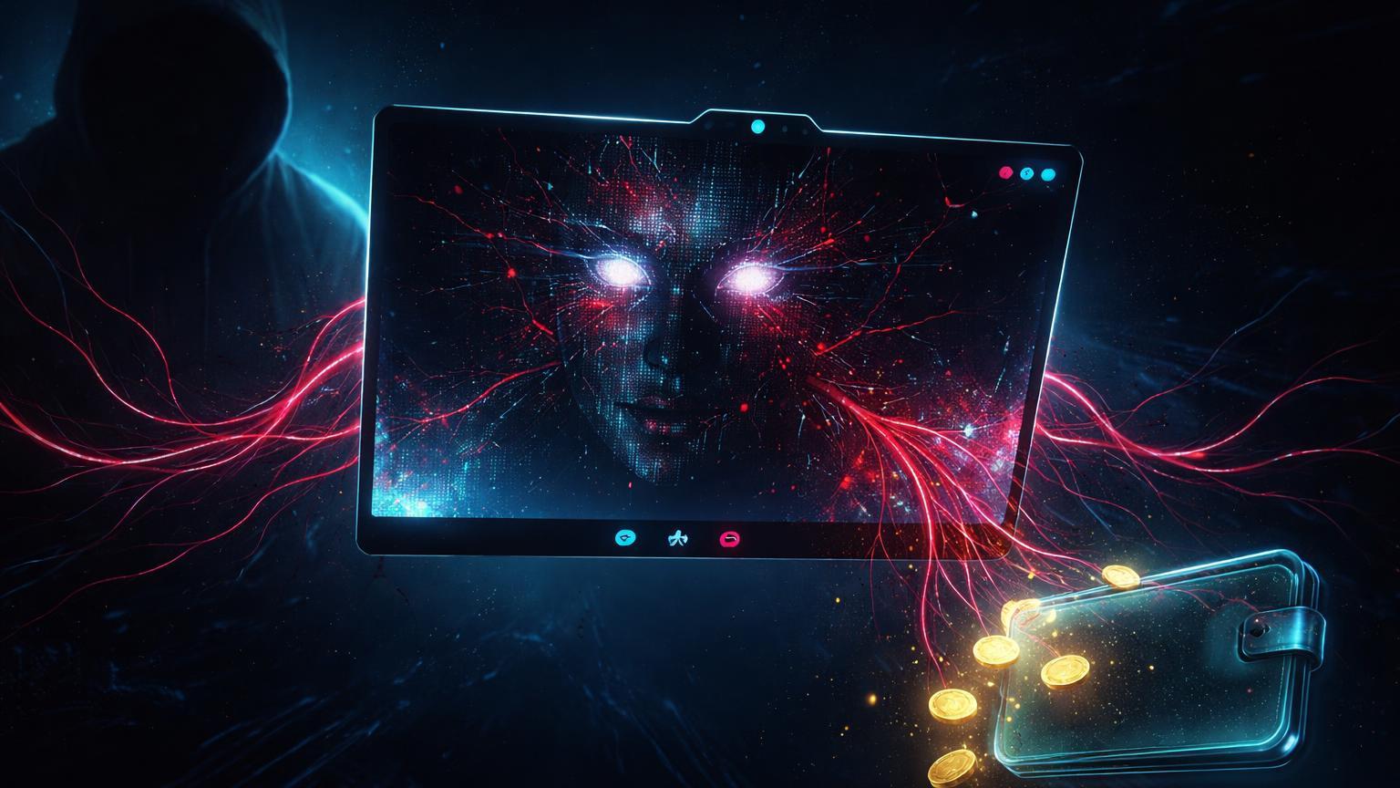 Tela de videochamada com rosto IA glitchado e veias malware drenando carteira digital, alertando hacks via Zoom por norte-coreanos