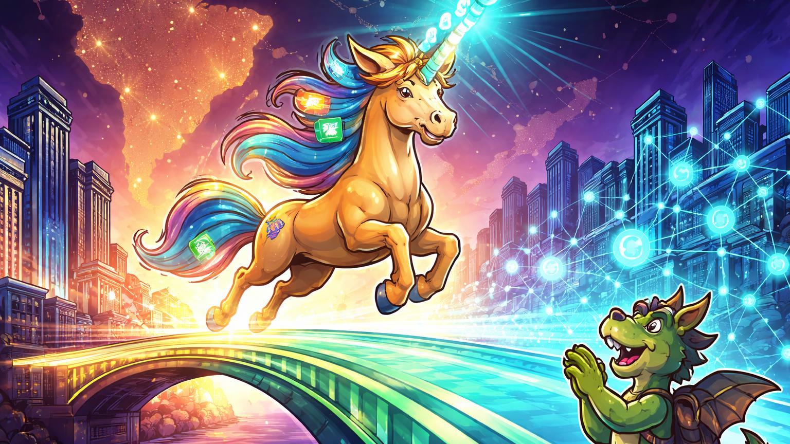 Unicórnio cartoon galopando por ponte entre torres bancárias e rede cripto sobre mapa da América Latina, celebrando Mesh como unicórnio de pagamentos