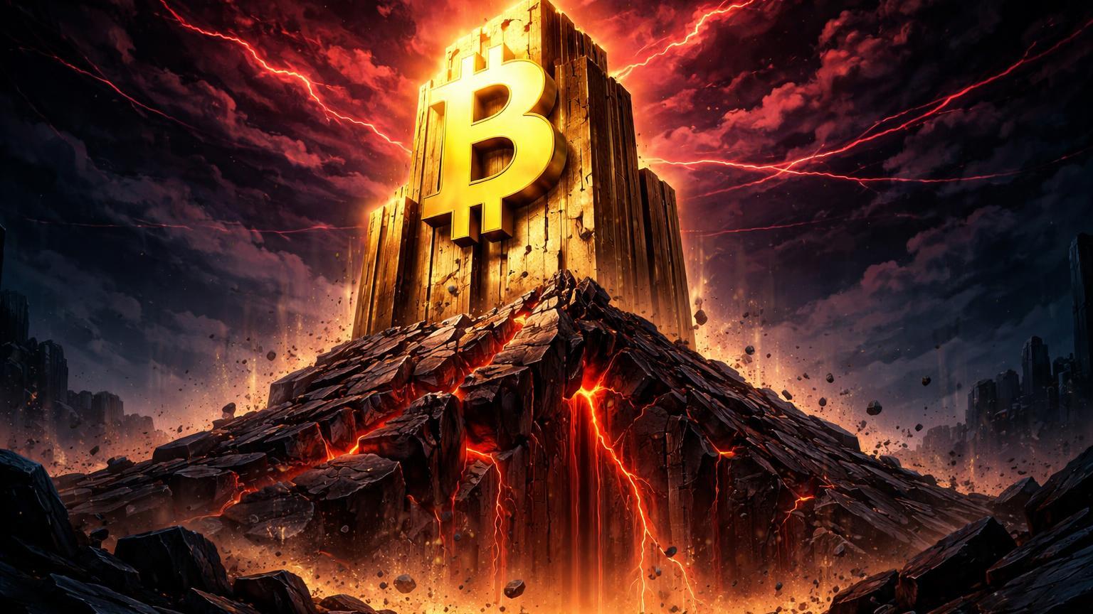 Fortaleza dourada digital com base rachando sob nuvens vermelhas escuras, simbolizando padrão bearish e suportes em risco no Bitcoin