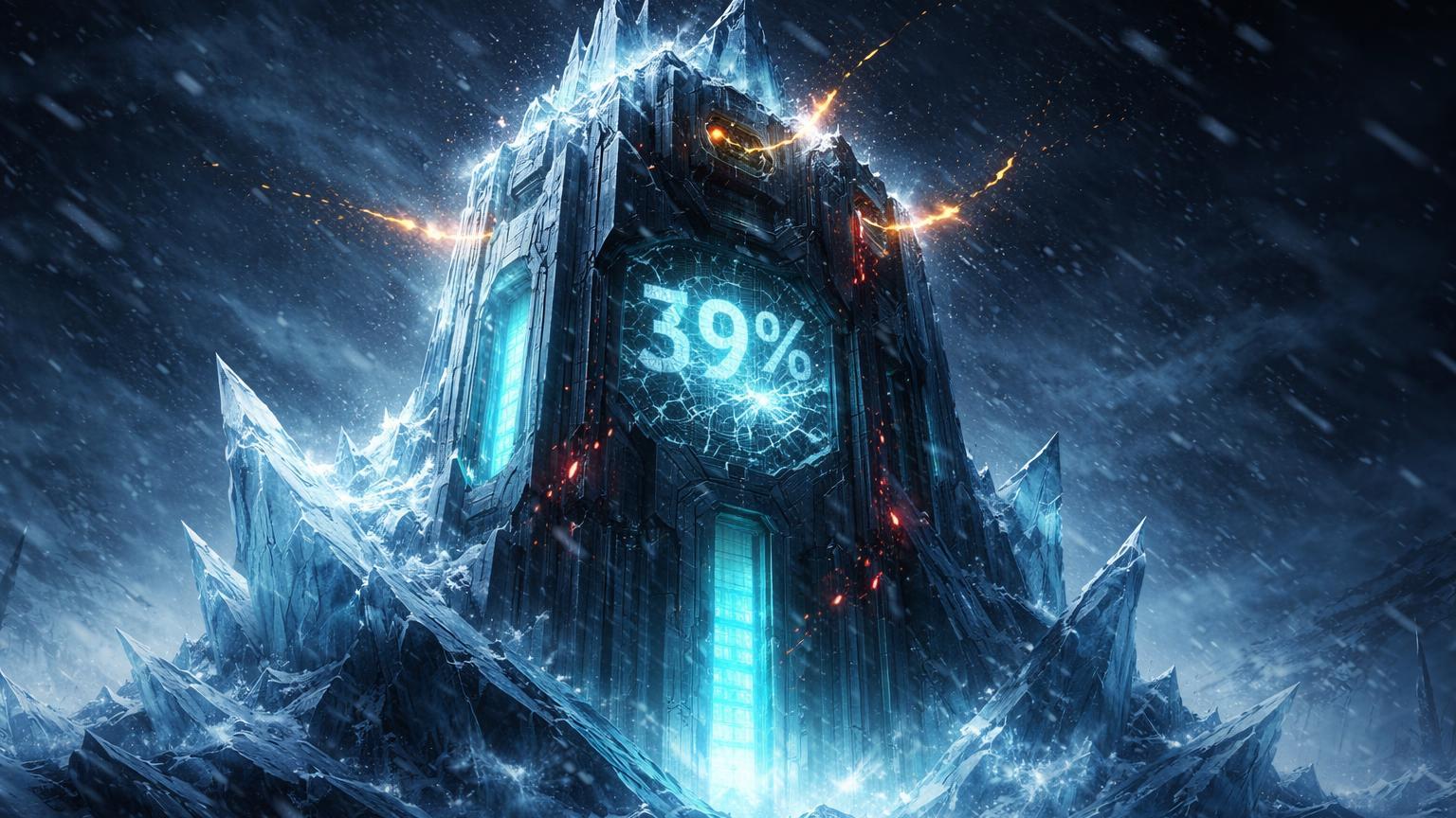 Torre de mineração Bitcoin coberta de gelo cristalino em tempestade, aura hashrate enfraquecida com 39% rachado, ilustrando queda de hashrate no Texas