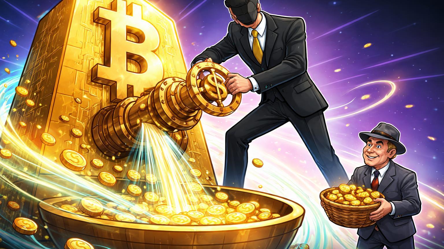 Executivo cartoon girando válvula em estrutura Bitcoin para liberar fluxo de renda dourada, simbolizando ETF com dividendos mensais da BlackRock
