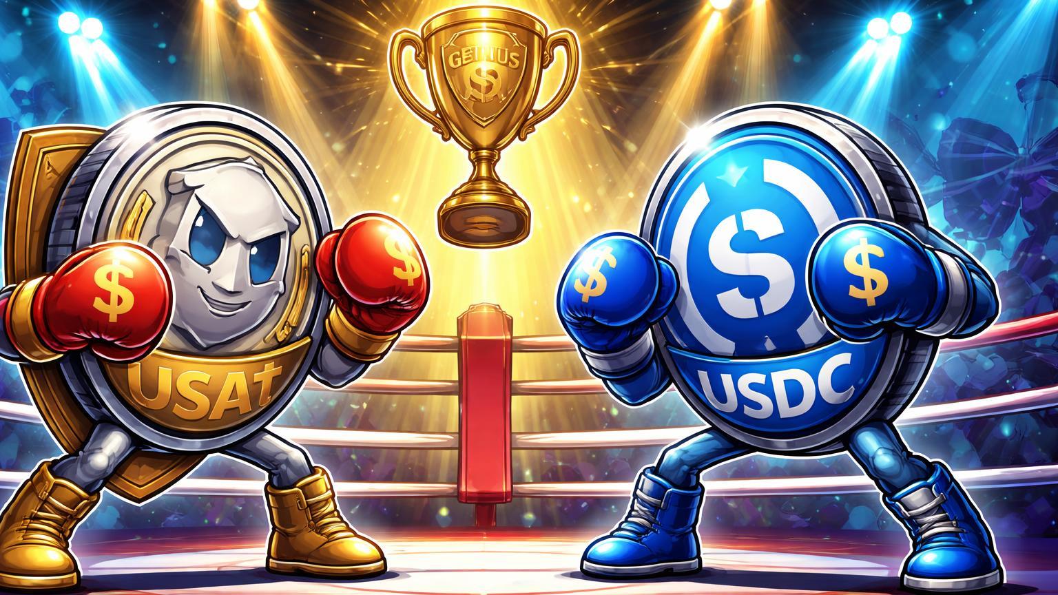 Personagens cartoon de stablecoins USAt e USDC em ringue de boxe com troféu GENIUS, simbolizando competição regulada no mercado institucional EUA