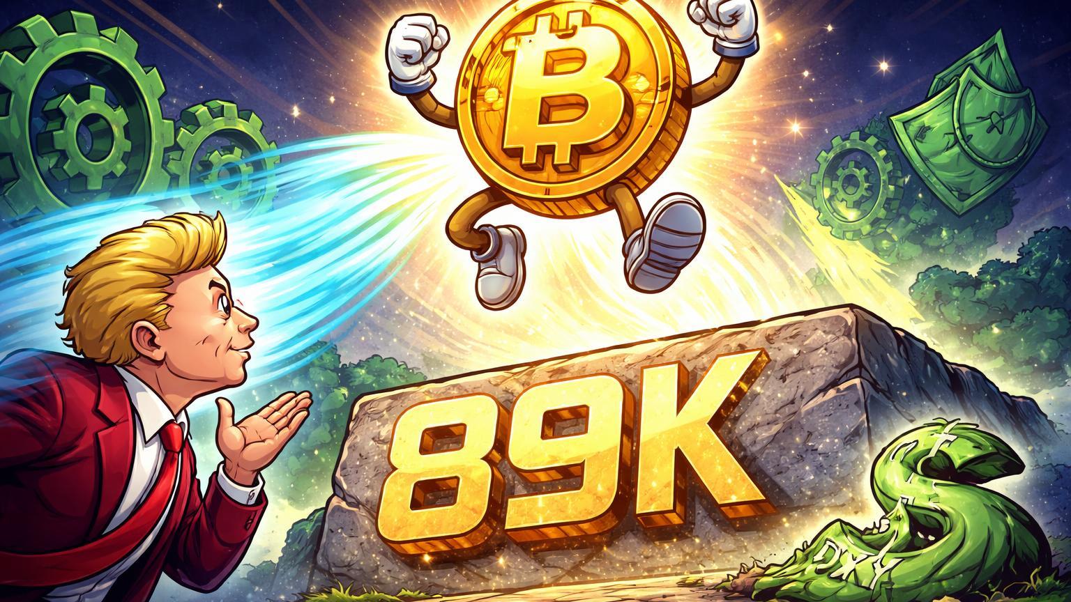 Personagem Bitcoin cartoon superando barreira 89K impulsionado por líder político estilizado e dólar fraco, com engrenagens corporativas ao fundo
