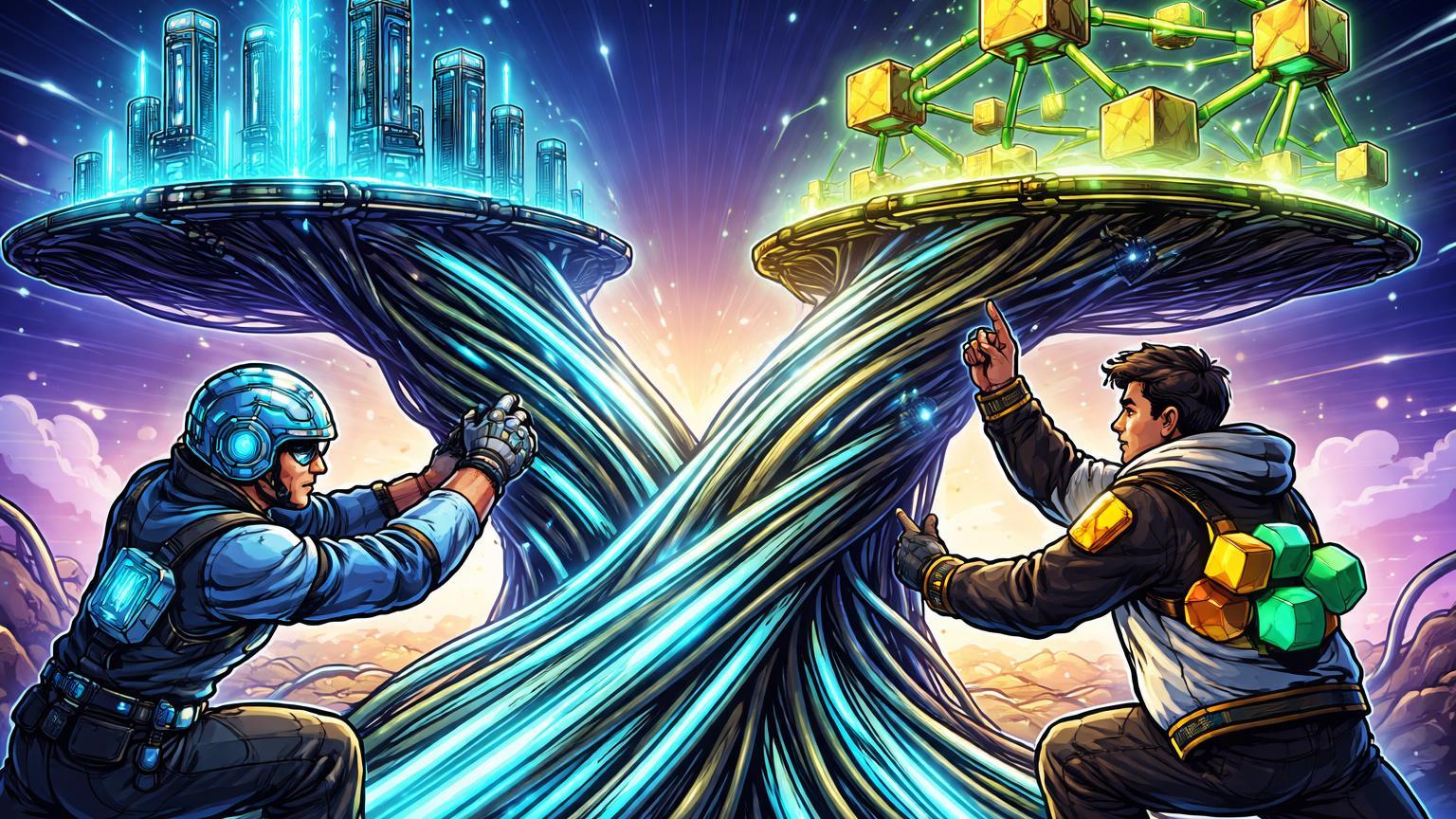 Personagens cartoon construindo base de cabos de fibra sustentando data centers de IA e rede Web3, simbolizando investimentos da Meta e avanços na Coreia do Sul