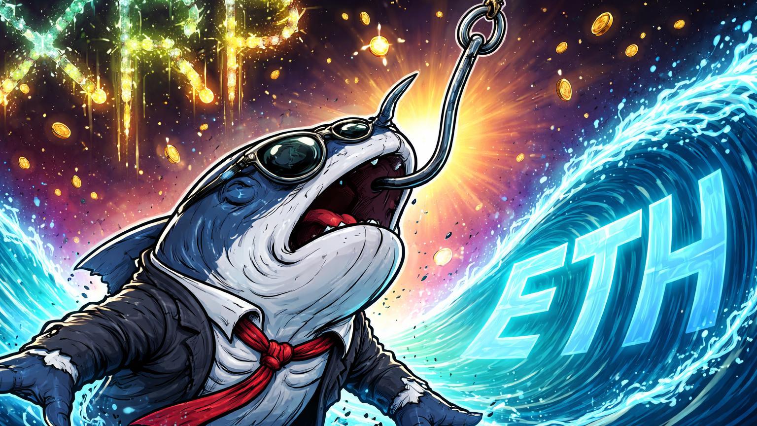 Baleia trader cartoon fisgada por gancho simbolizando prejuízo milionário em short contra ETH, com XRP brilhando via ETFs e parcerias
