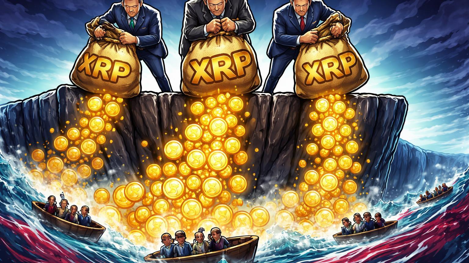 Executivos cartoon despejando sacos gigantes de XRP sobre mercado turbulento, ilustrando vendas massivas da Ripple e riscos de centralização