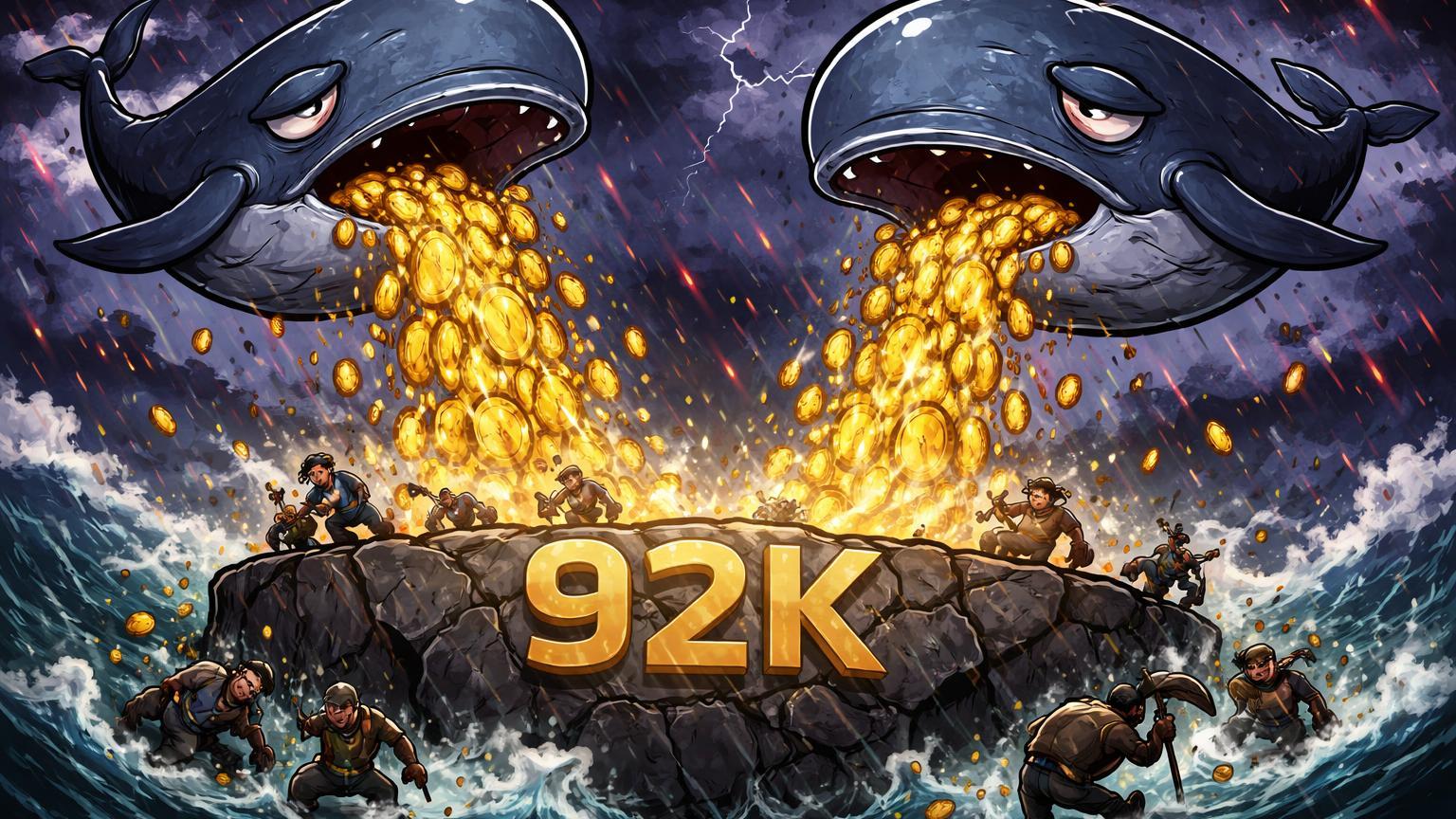 Baleias cartoon despejando cascatas de moedas douradas sobre suporte 92K rachado e figuras fatigadas, ilustrando vendas de US$ 3,4 bi em BTC