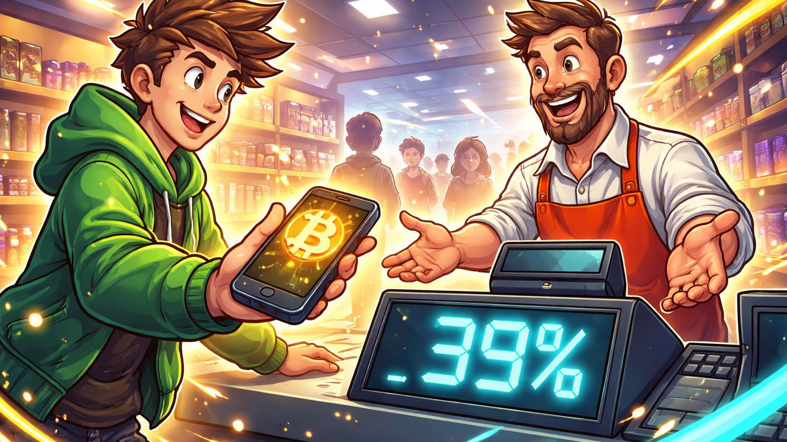 Jovem cartoon pagando com cripto via smartphone em loja aceita por lojista sorridente com display 39%, simbolizando boom de adoção nos EUA