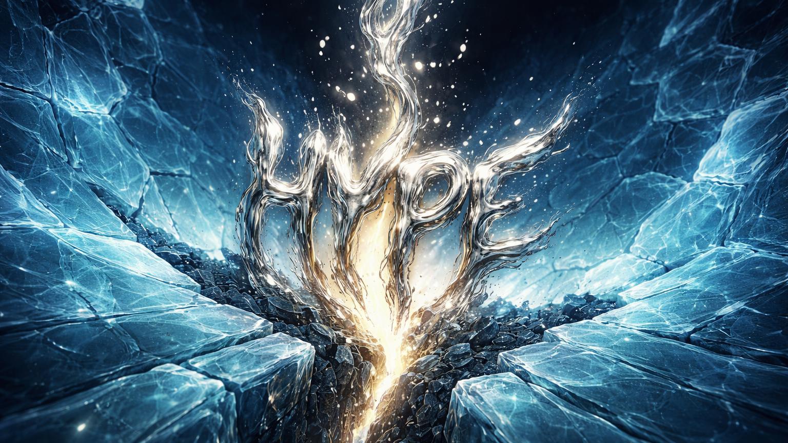 Rede cristalina de gelo rachando com prata líquida formando HYPE fluindo, simbolizando hashrate no Texas e boom de prata no DeFi