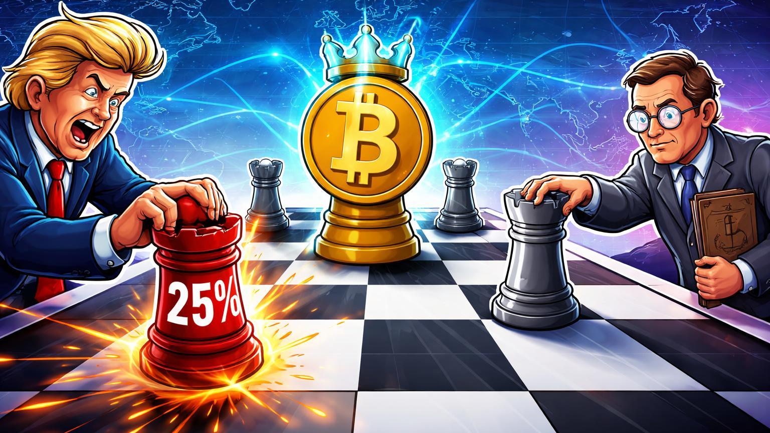 Jogadores cartoon em xadrez geopolítico com rei Bitcoin central, torre '25%' avançando e regulador recuando, ilustrando tarifas Trump e trégua SEC