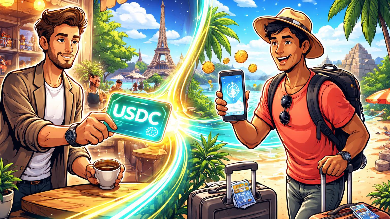 Personagens cartoon pagando com cartão USDC na Europa e transferindo via app no México, simbolizando cripto no cotidiano e viagens