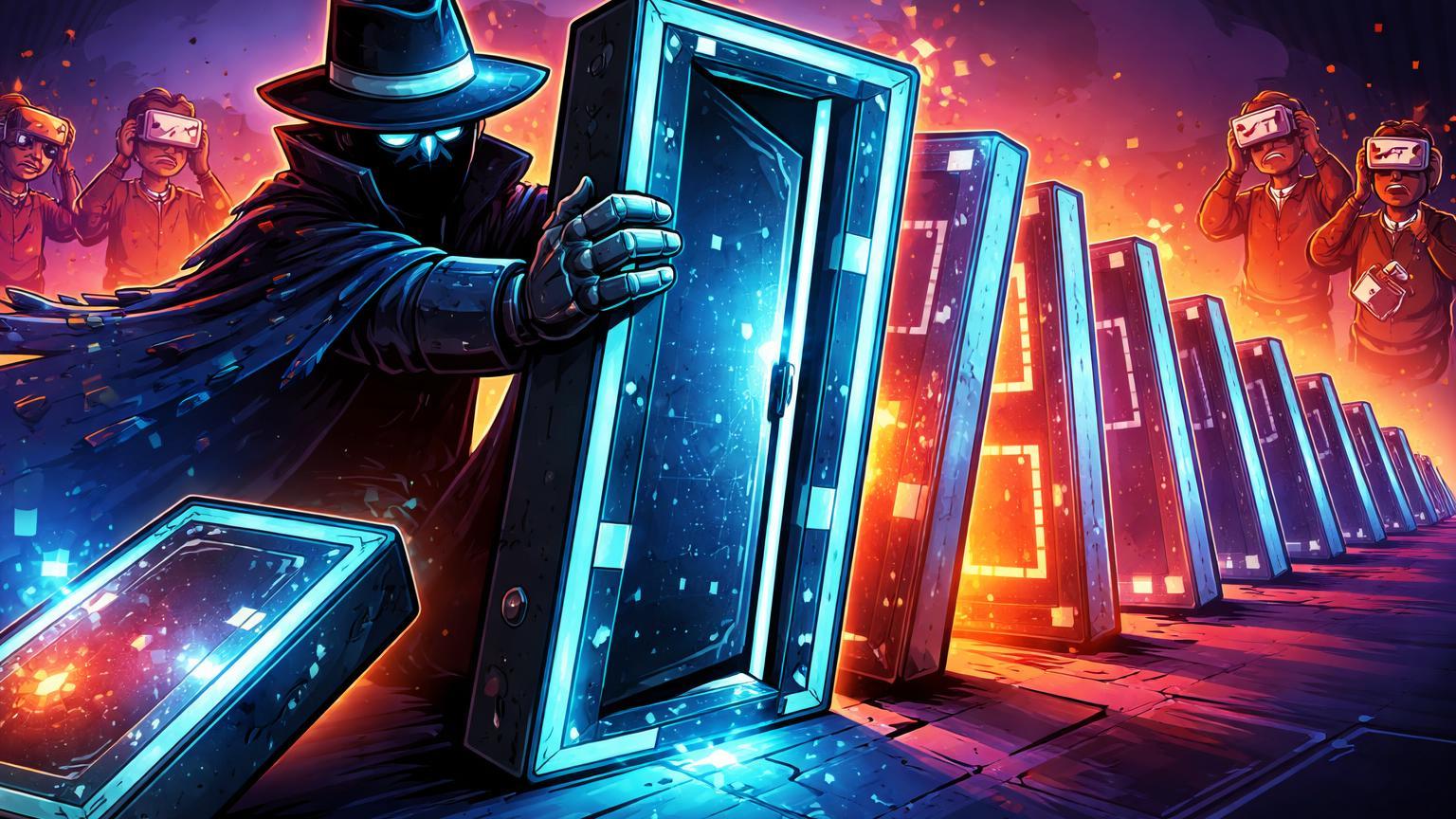 Efeito dominó de portais NFT caindo com guardião fechando porta, colecionadores chocados ao fundo, ilustrando fechamentos de plataformas no mercado NFT