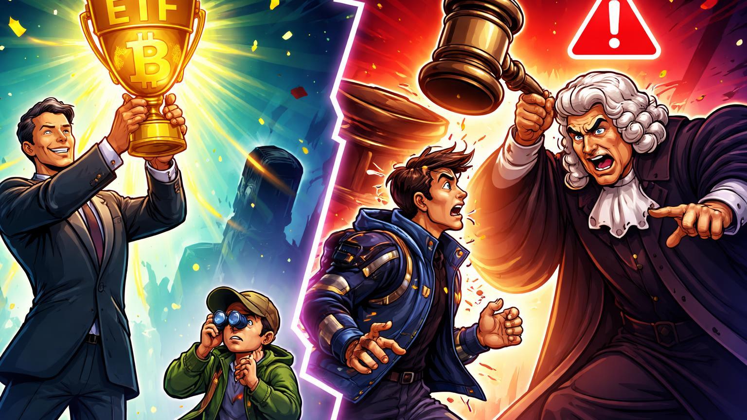 Executivos cartoon contrastantes: um celebrando ETF Bitcoin dourado, outro punido por regulador com alerta vermelho, cautelando investidores